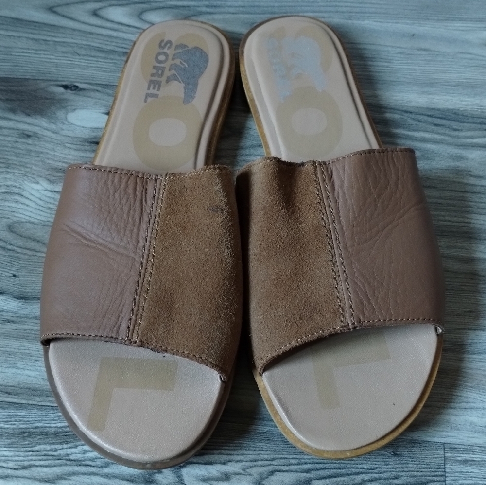 Sorel Ella II Block Slide Tan Suede and Leather Sandals Size 8.5